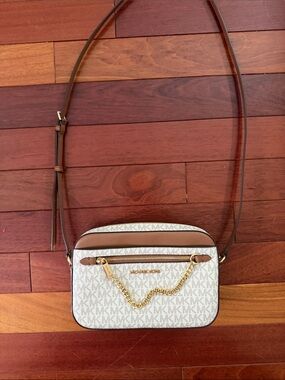Michael Kors White Logo Crossbody with Brown Trim and Gold Chain
